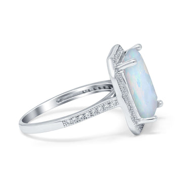Halo Emerald Cut Engagement Ring Lab Created White Opal 925 Sterling Silver